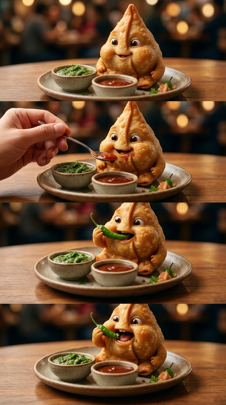 AI Video Prompt: Adorable Living Samosa Character Eating Green Chili…