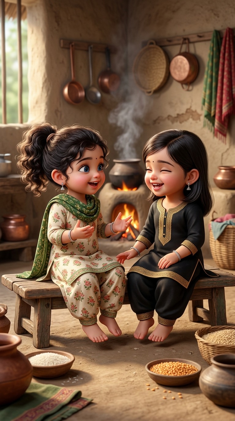 Cute AI Toddlers in Traditional Indian Salwar Kameez Laughing Together in Rustic Kitchen AI video prompt