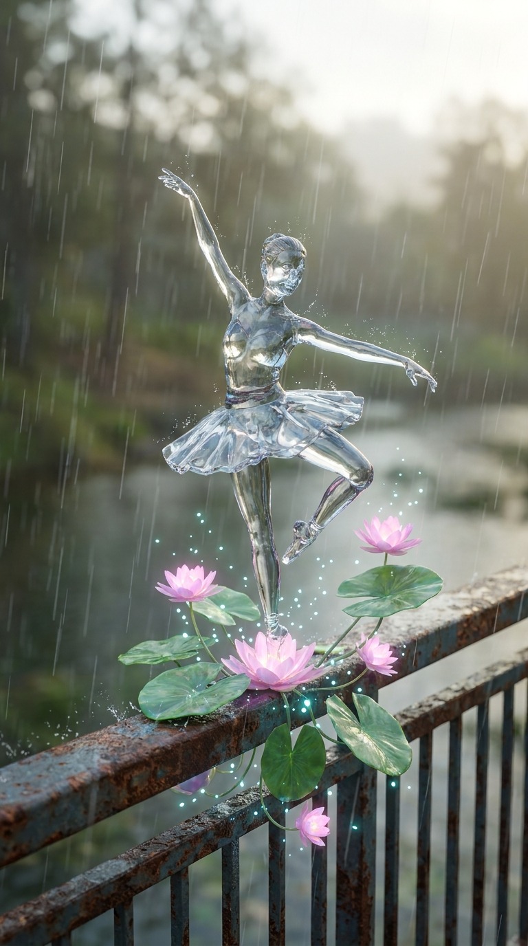 Glass Ballerina Rain Dance AI video prompt