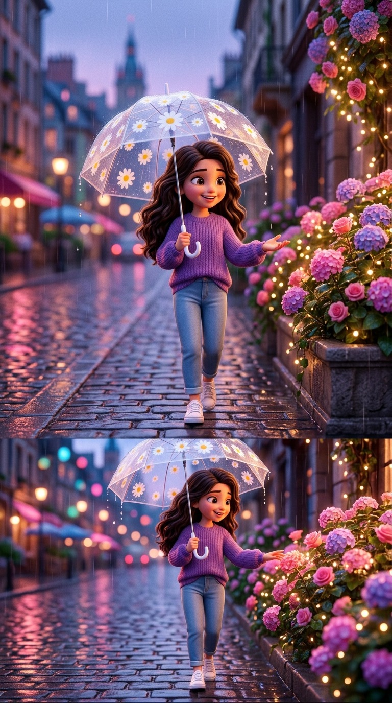 Stylized 3D Animated Girl Walking in Rain with Blue Daisy Umbrella and Pink Flowers at Dusk AI video prompt