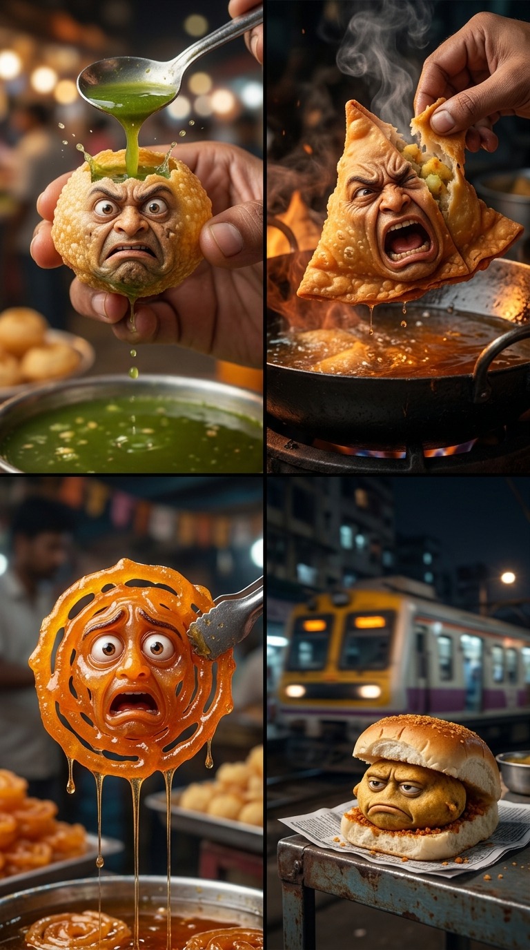 AI Video Prompt: Anthropomorphic Indian Street Food Compilation: Angry…