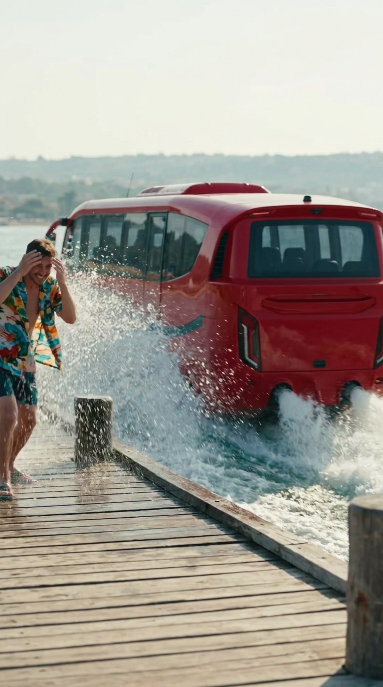 Futuristic Red Amphibious Submarine Bus AI video prompt
