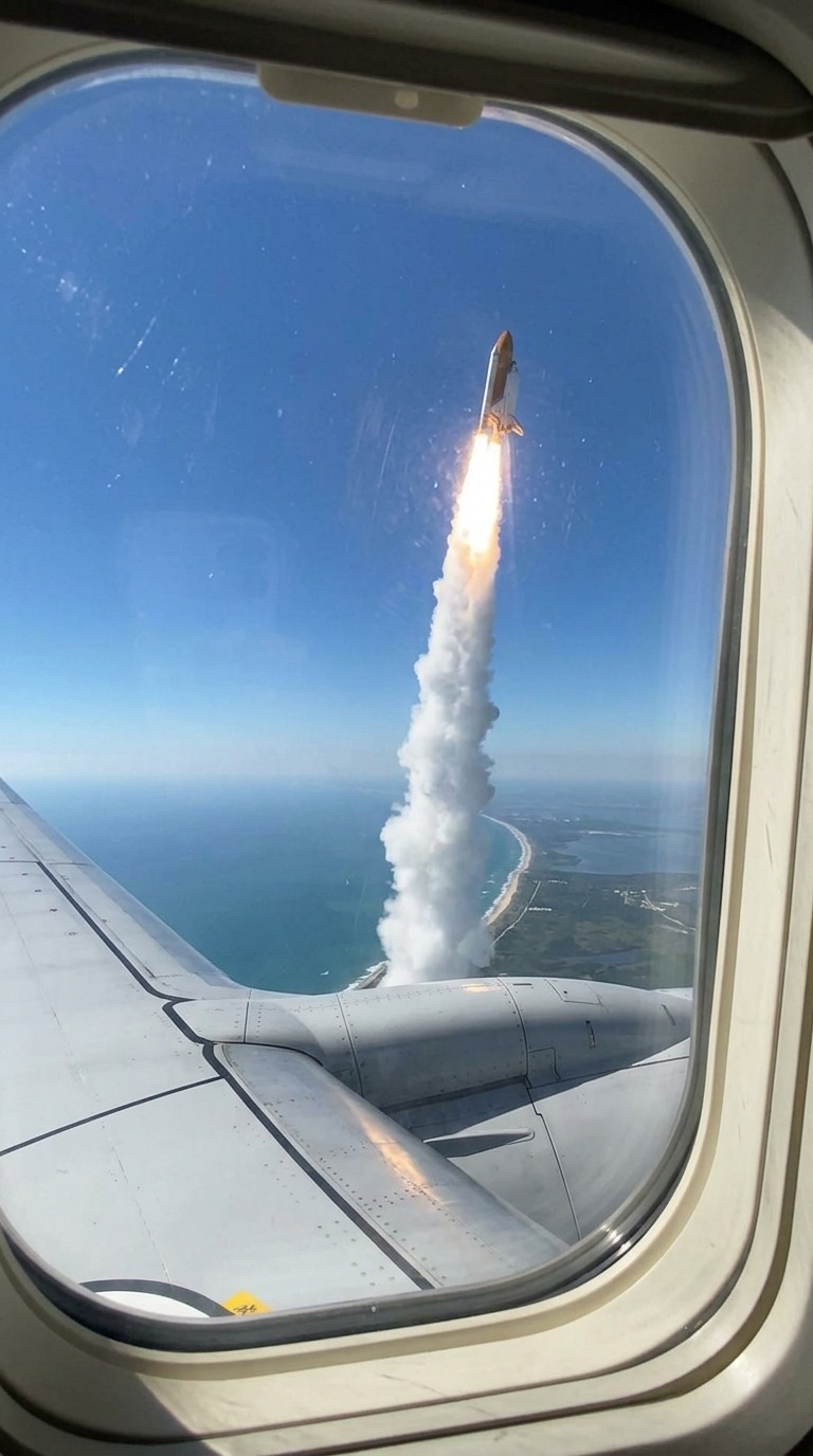 Photorealistic Airplane Window View of Space Shuttle Launch Ascending Through Clouds AI video prompt