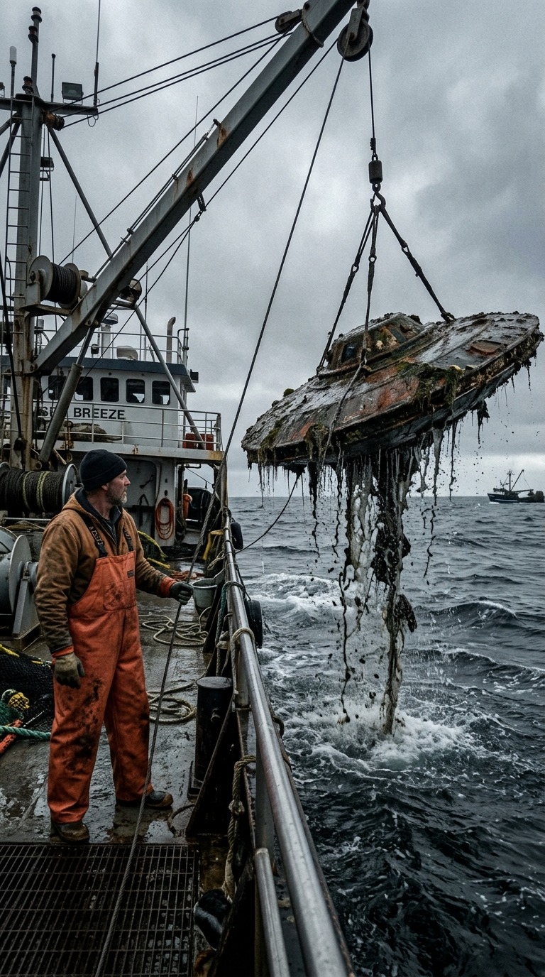 Photorealistic Fishing Boat Crew Retrieving Weathered Metallic UFO Disc from Ocean with Crane AI video prompt