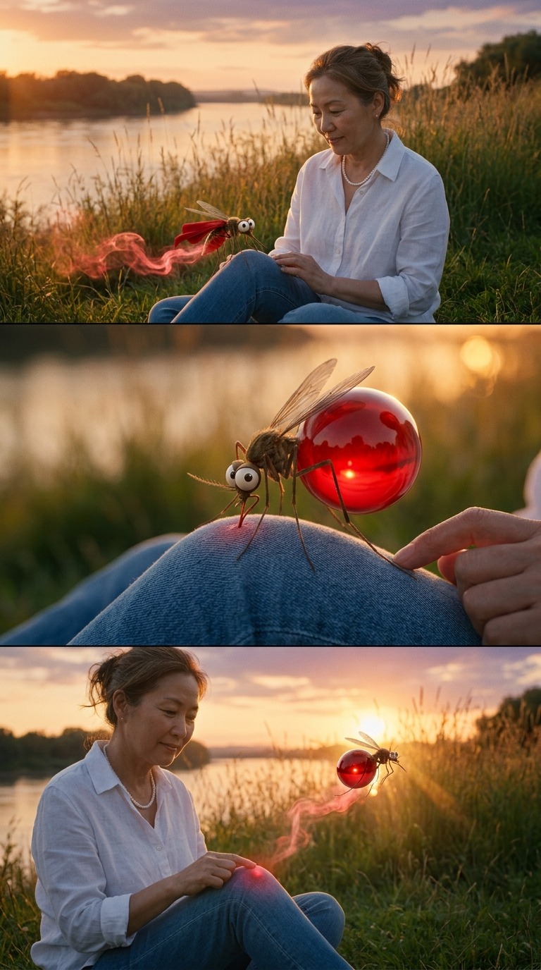 Surreal Giant Mosquito Biting Woman Knee at Sunset Cinematic AI Video Prompt AI video prompt