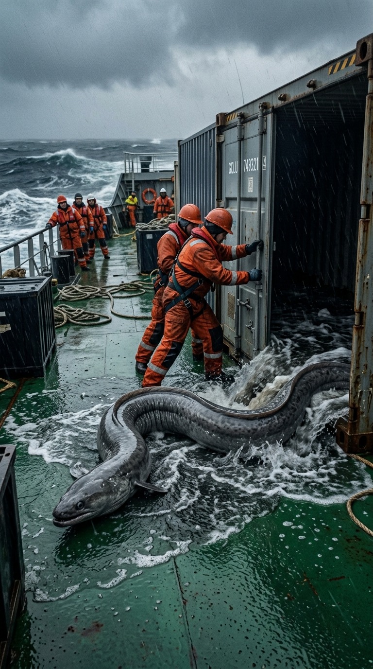 Giant Prehistoric Eel Emerging from Shipping Container on Stormy Cargo Ship Deck AI video prompt