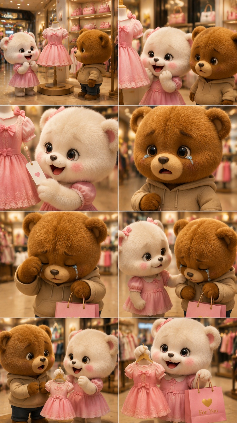 Cute Bear Couple Shopping for Pink Baby Dress in Luxury Mall | AI video prompt