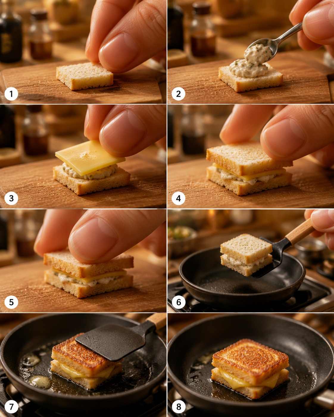 Miniature Cheese Sandwich Cooking on Tiny Kitchen Counter AI video prompt