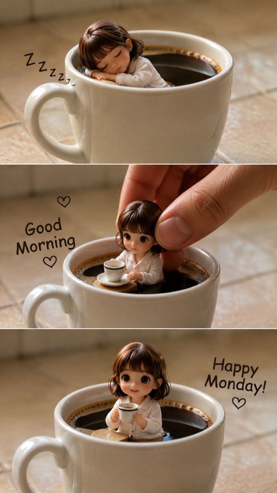 Tiny Girl Sleeping Inside Coffee Cup Mini World AI video prompt