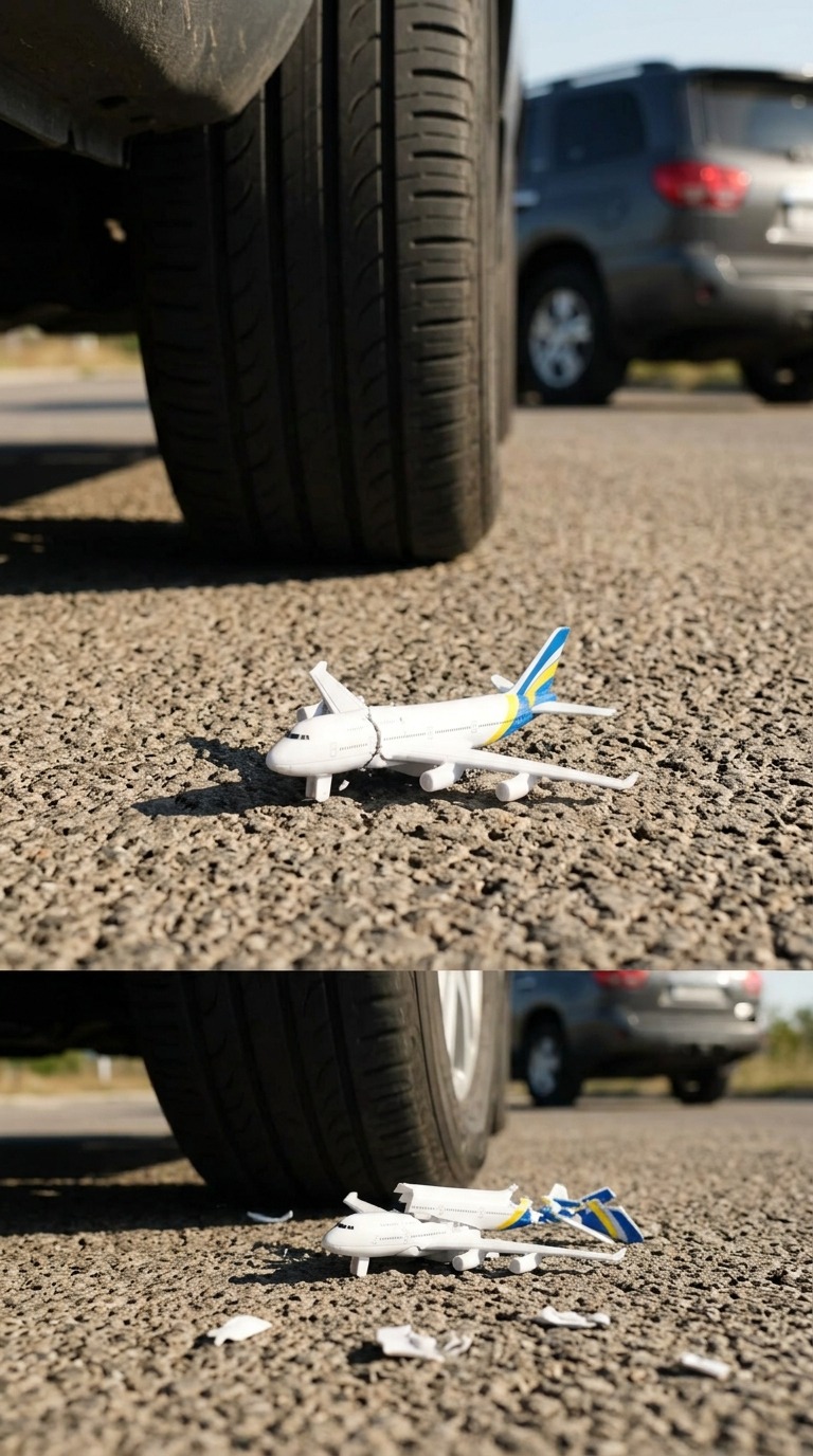 Toy Plane Crushed by Car Tire AI video prompt