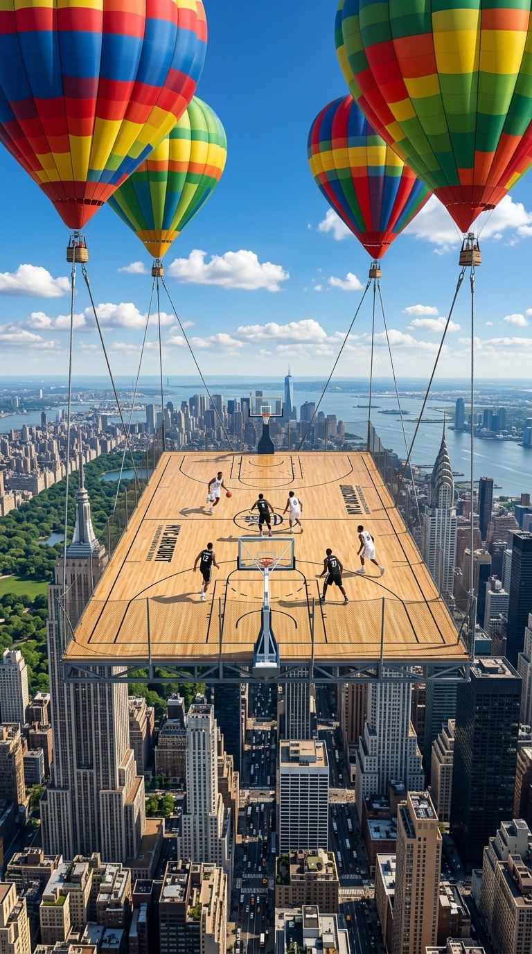 Surreal Aerial Basketball Game Suspended by Hot Air Balloons Over New York City Skyline AI video prompt