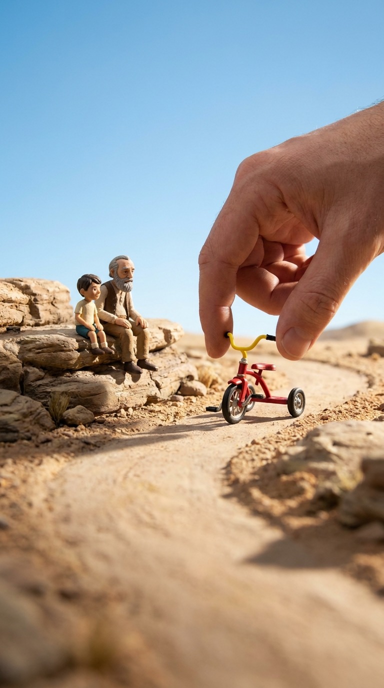 Miniature Desert Tricycle Ride AI video prompt