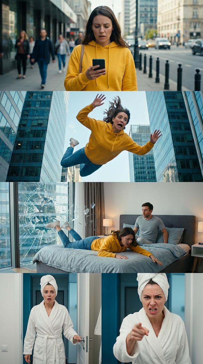 Woman Falls Through Window onto Bed AI video prompt