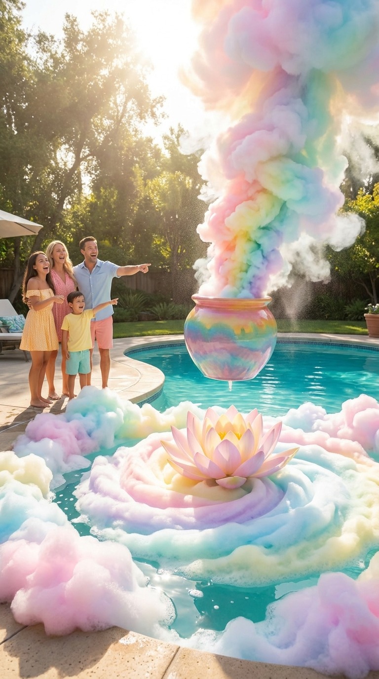 Rainbow Foam Pool Magic AI video prompt