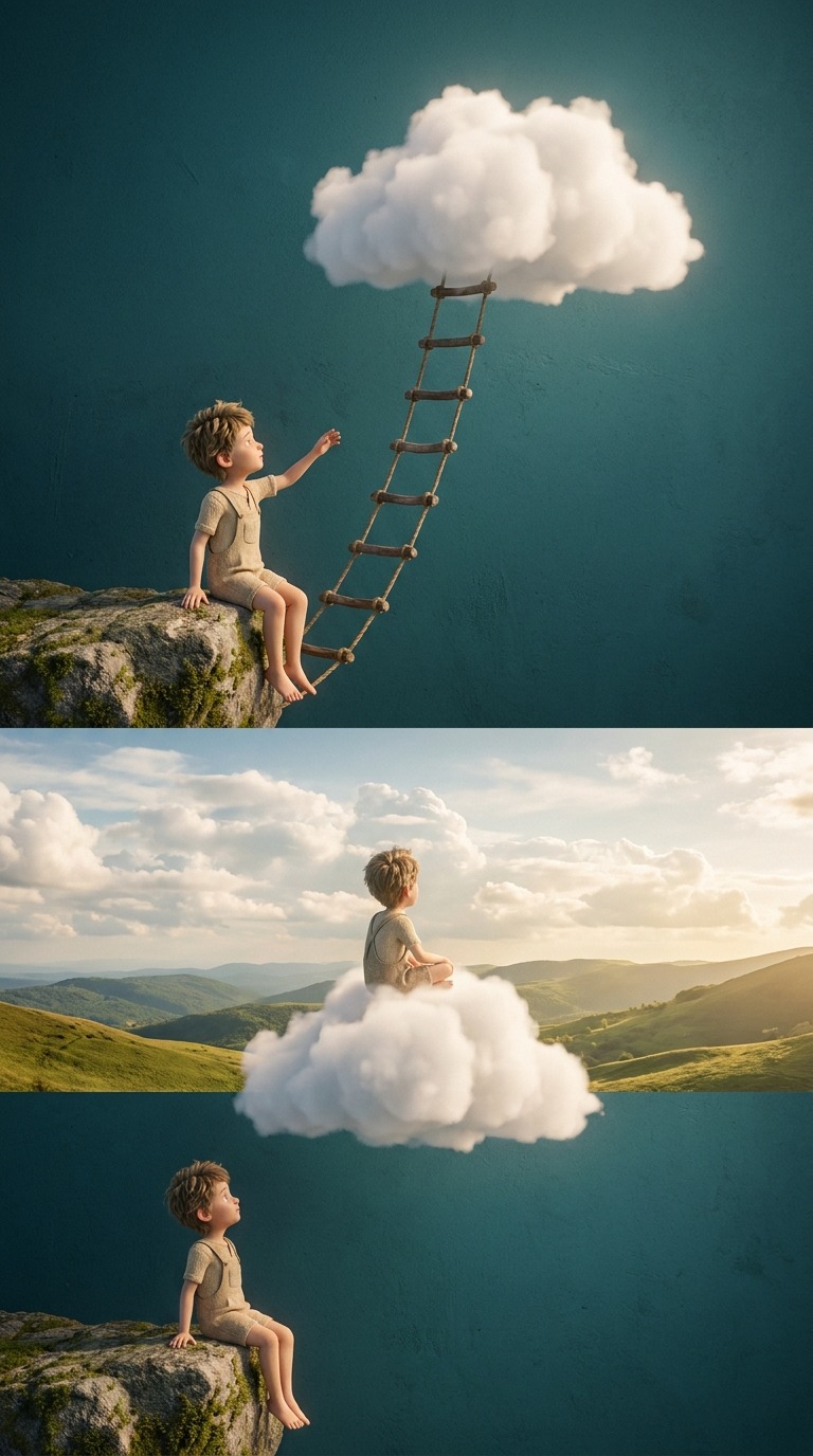 Boy Climbs Ladder to Cloud AI video prompt