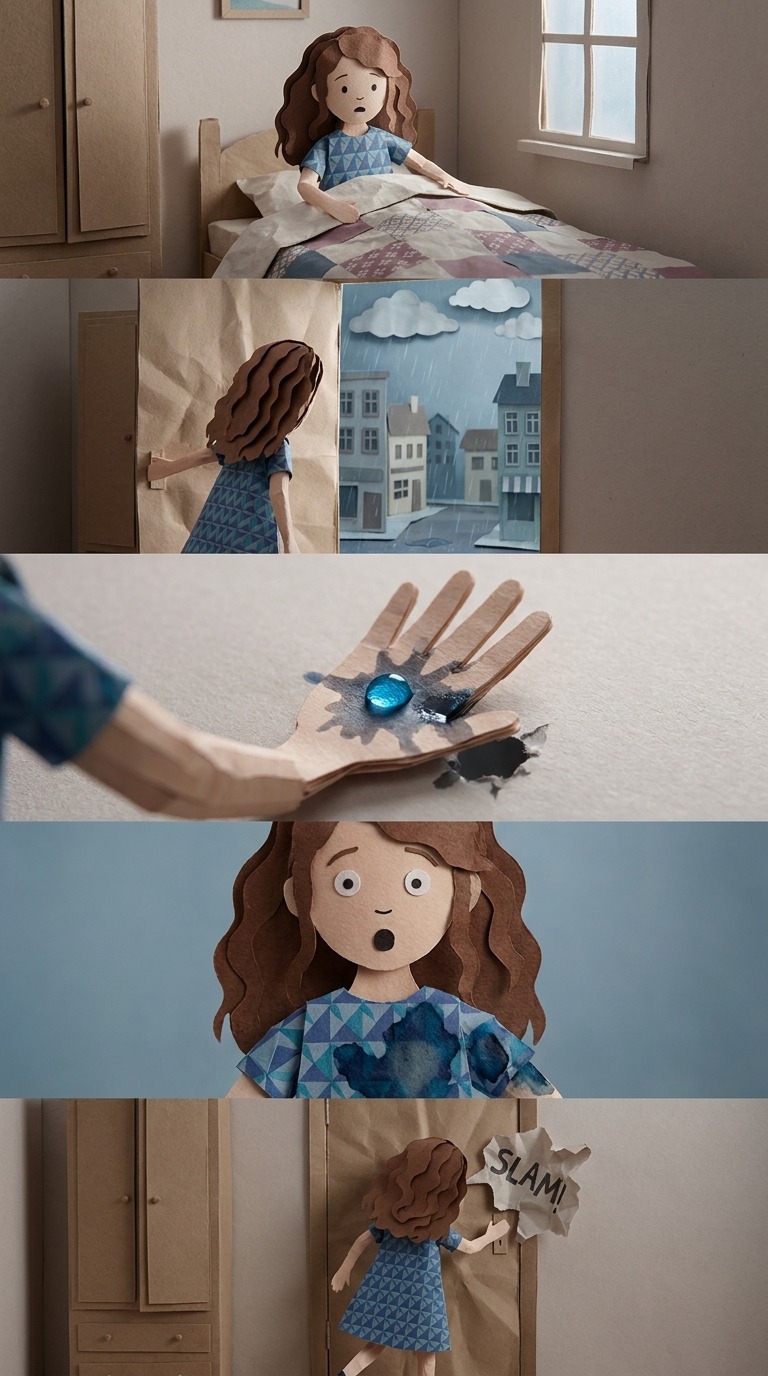 Paper Girl Melts in Rain AI video prompt