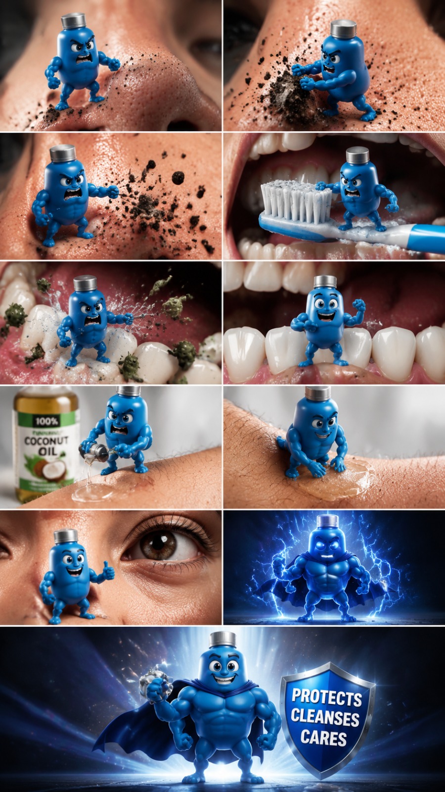 Tiny Blue Superhero Bottle Character Fighting Dirt and Protecting Human Skin in Macro World AI video prompt