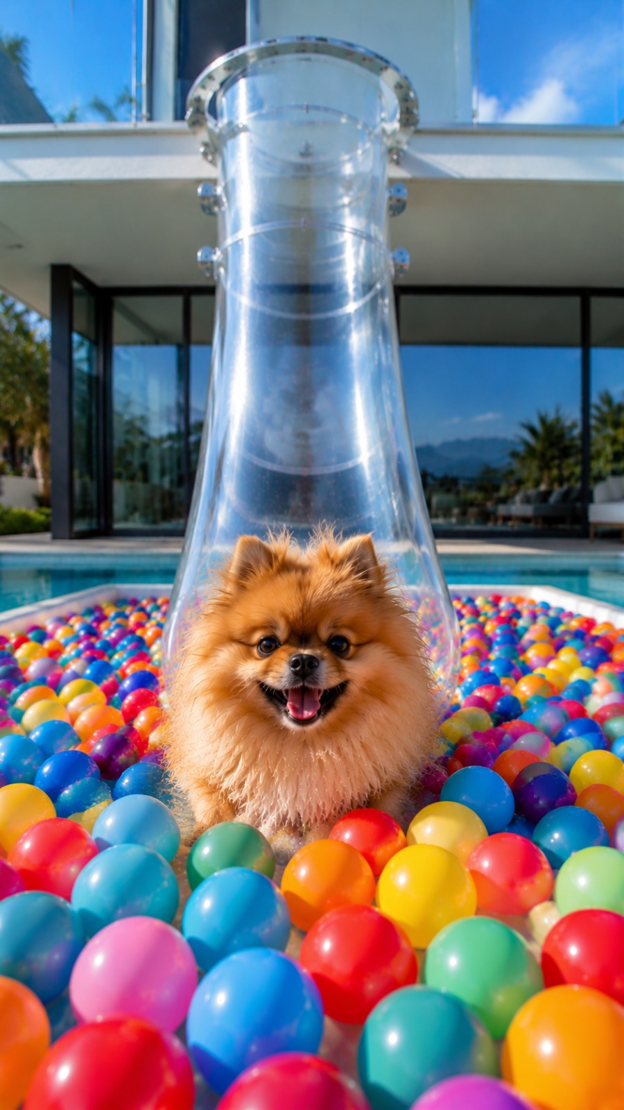 Pomeranian Puppy Slides Through Transparent Tube Into Colorful Ball Pool AI video prompt