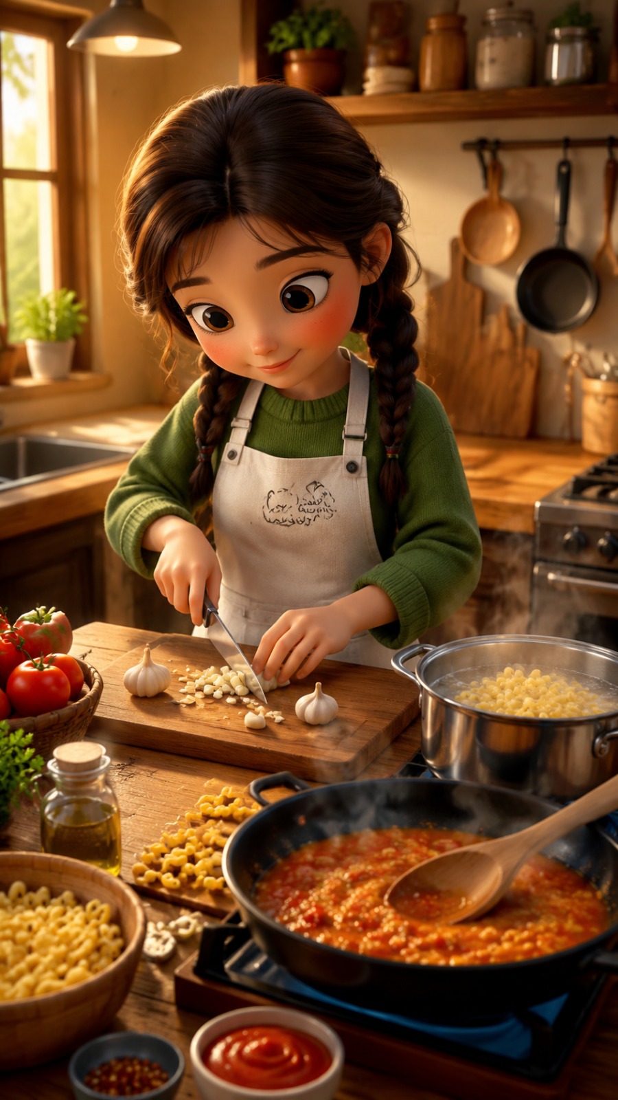 Cute Girl Cooking Macaroni Pasta in Cozy Kitchen AI video prompt