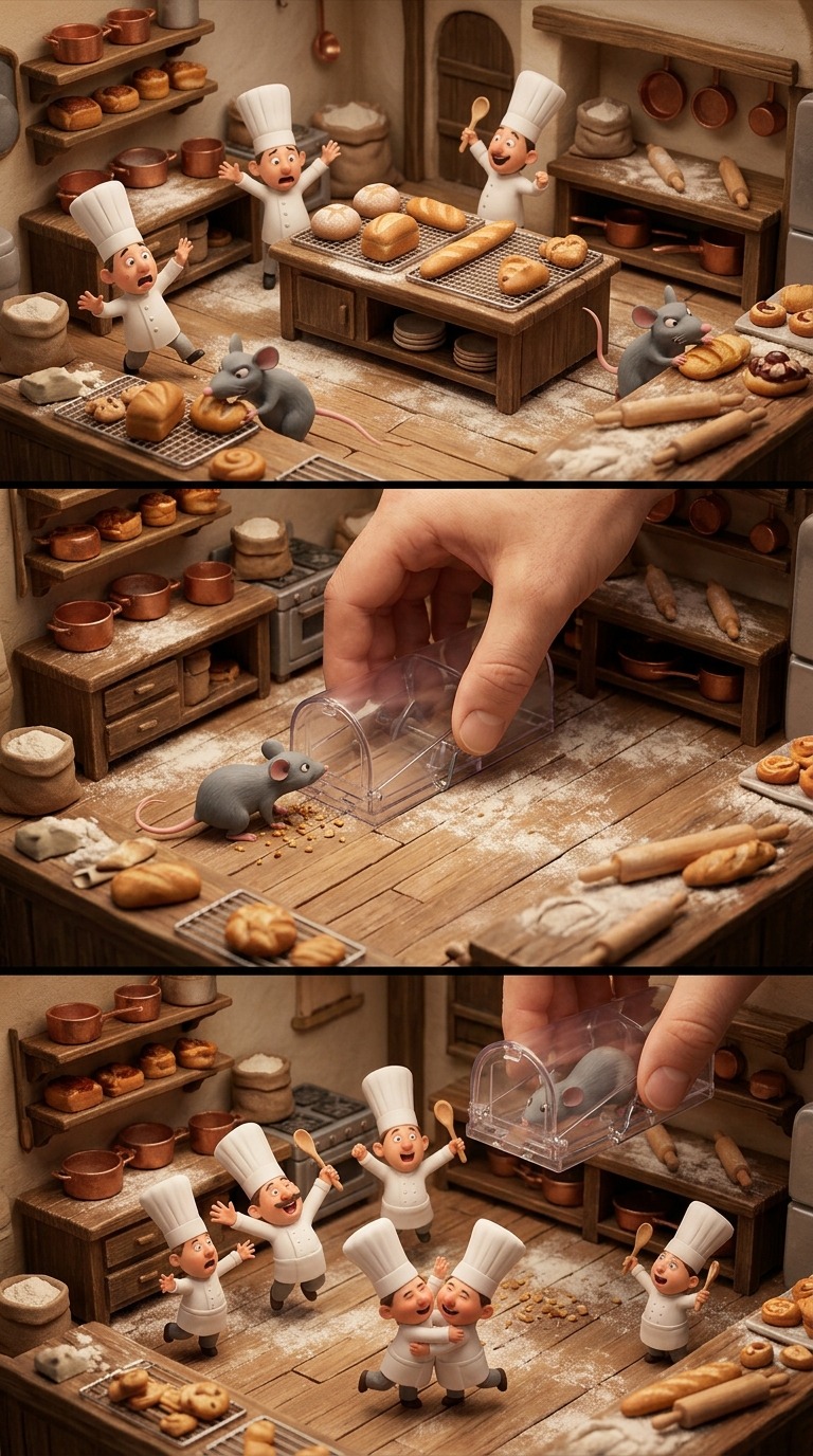 Giant Hand Mouse Trap in Mini Bakery AI video prompt