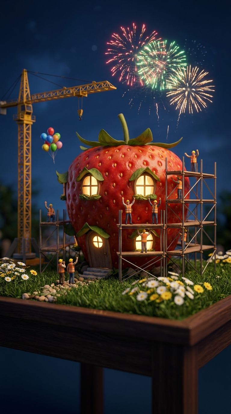 Strawberry House Build & Fireworks AI video prompt