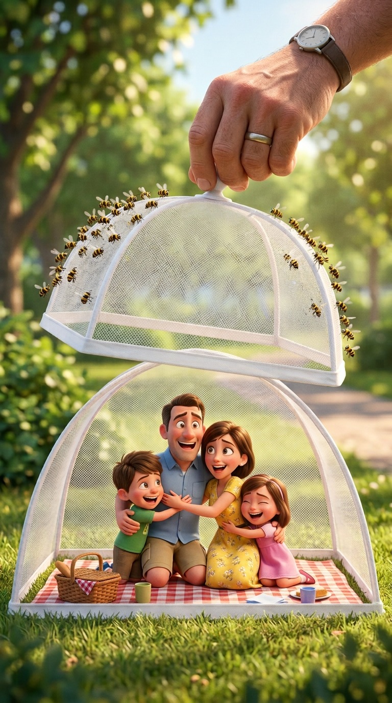AI Video Prompt: Miniature Family Bee Rescue