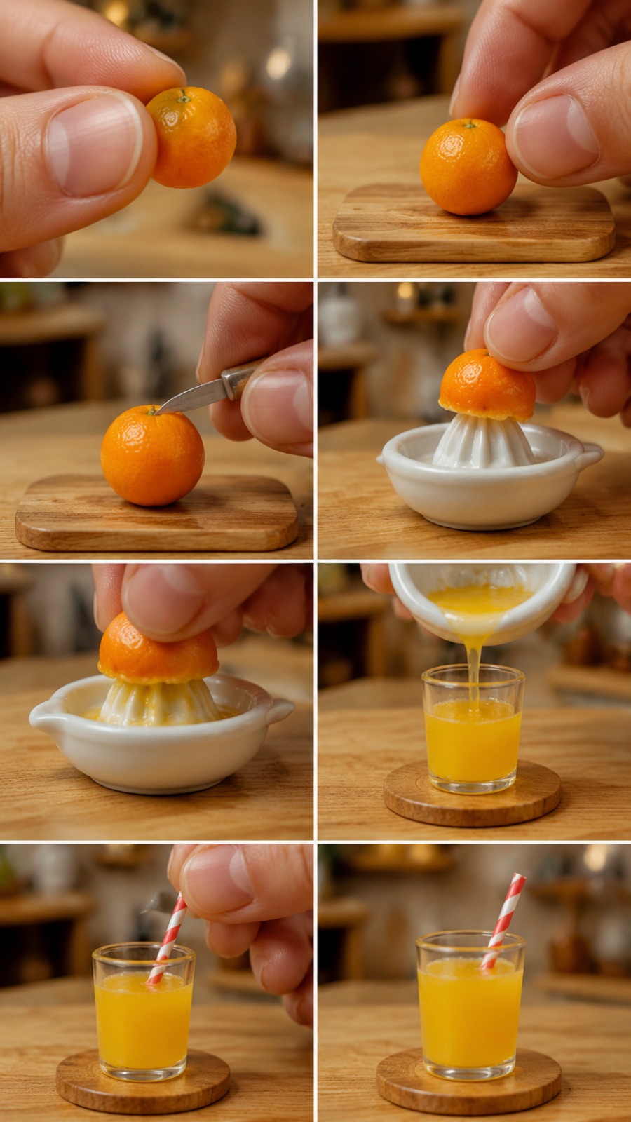 Miniature Orange Juice Making Process With Tiny Citrus Press AI video prompt
