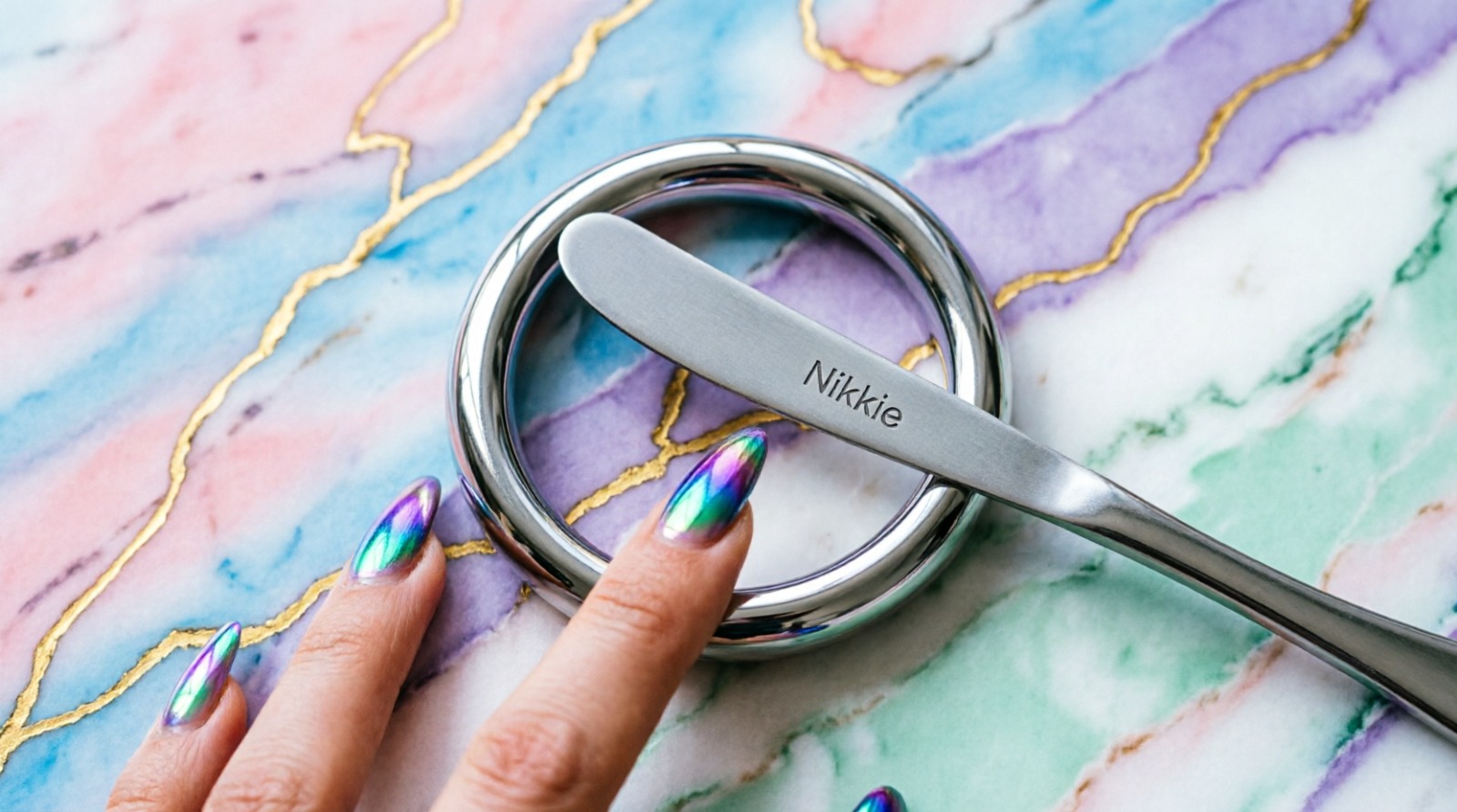 Chrome Metallic Slime Ring Shattered and Mixed into Liquid Metal Putty with Iridescent Nails AI video prompt