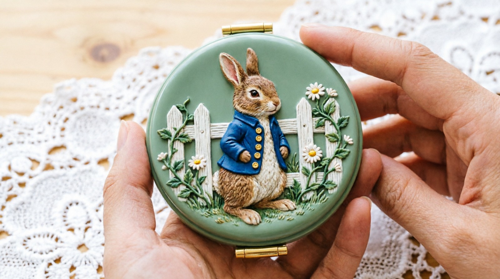 Peter Rabbit Miniature Diorama Compact Mirror - Opening Garden Scene with 3D Relief Figurine AI video prompt