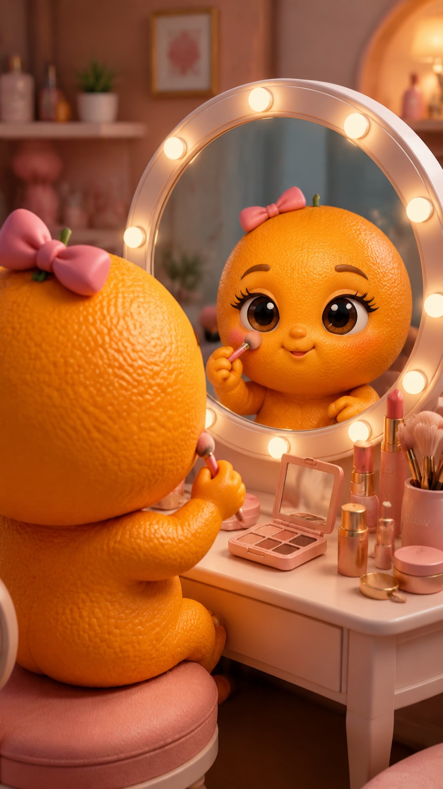 Cute Orange Baby Character Doing Makeup In Mini Vanity Room AI video prompt