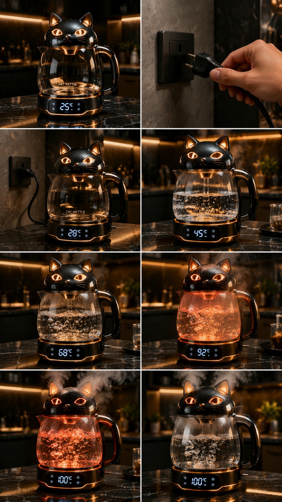 Futuristic Cat Head Smart Glass Kettle Boiling Water Cinematic Product Demo AI video prompt
