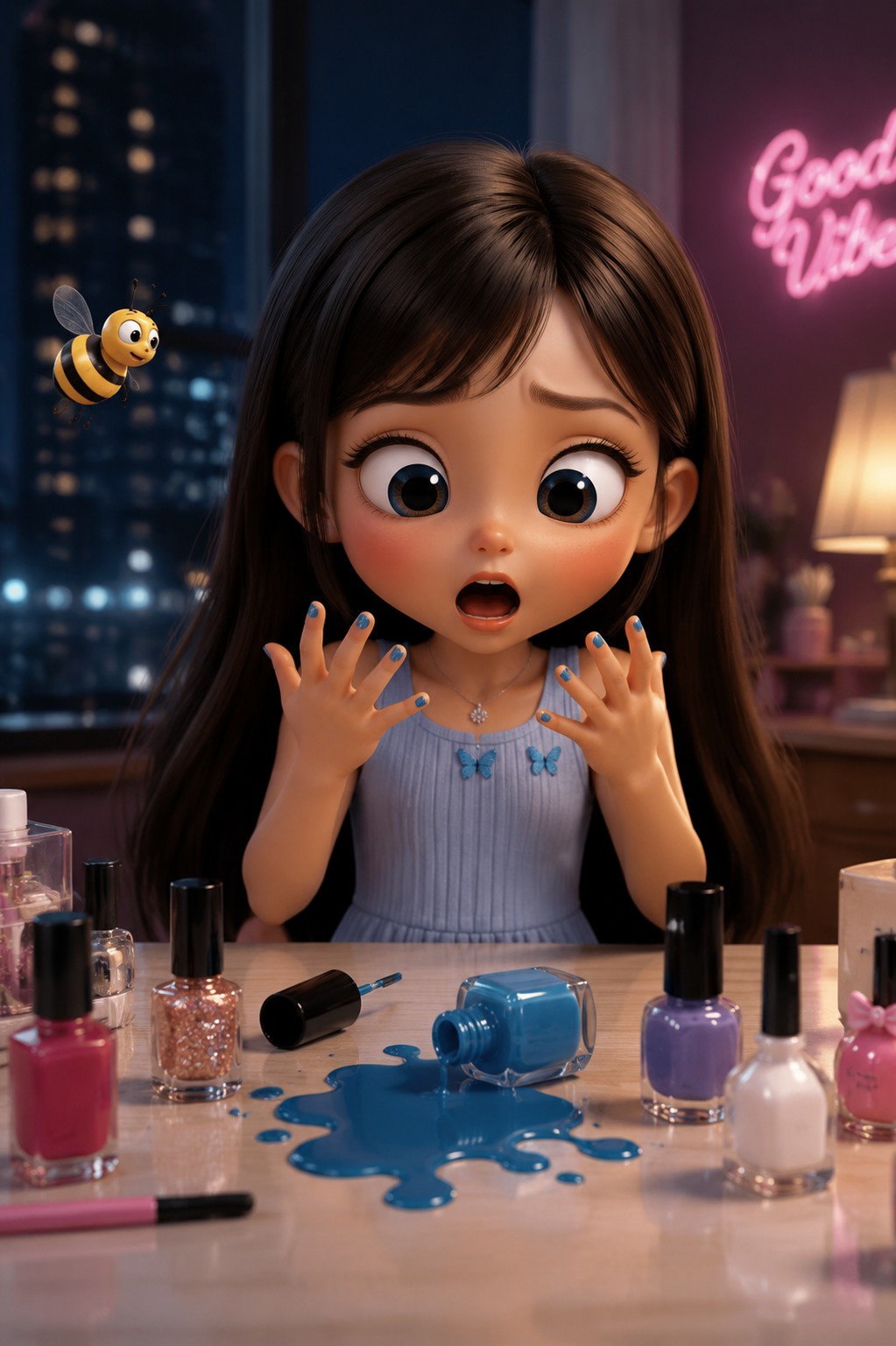 Cute 3D Girl Nail Polish Accident Reaction Animation AI video prompt