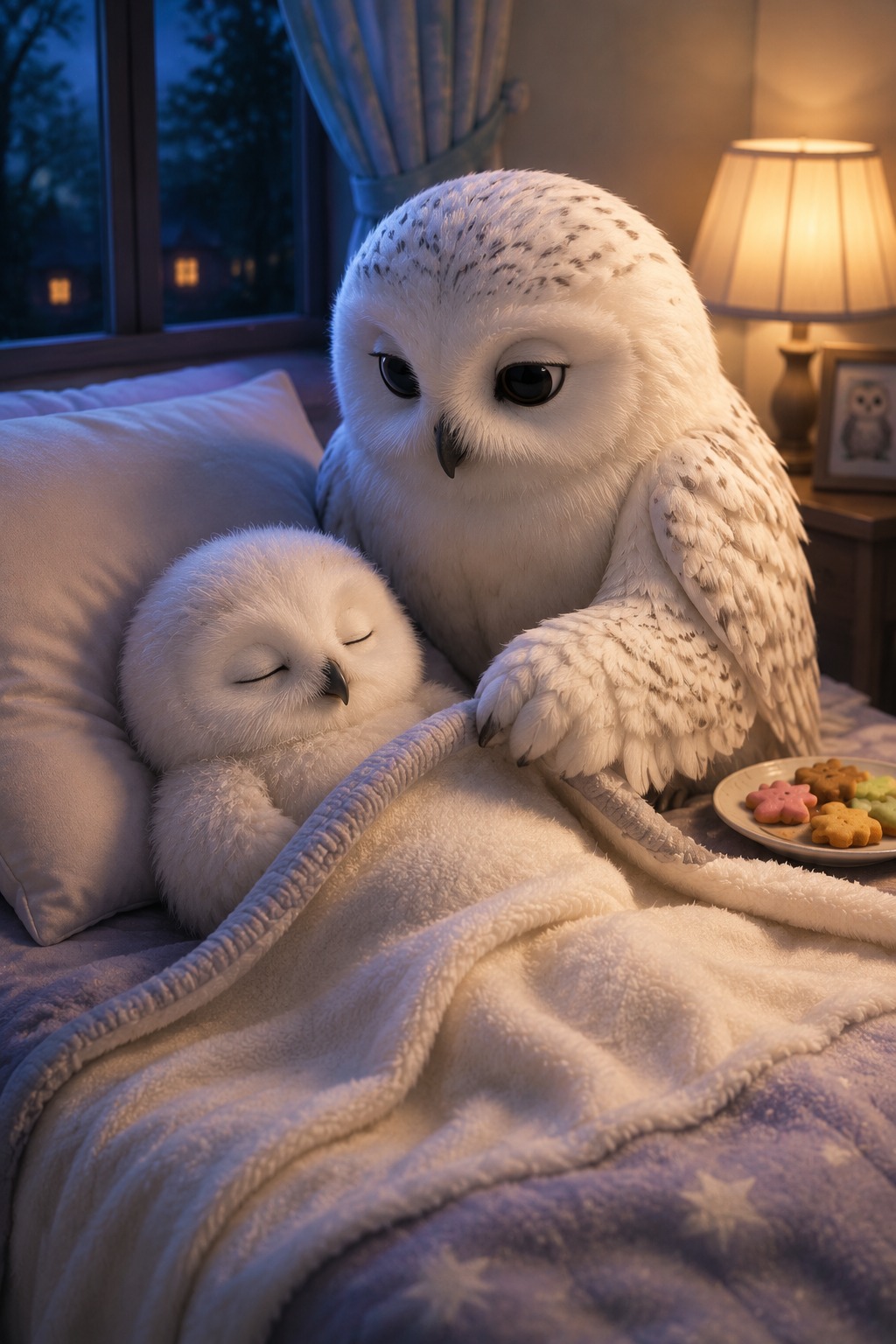 Cute Baby Owl Feeding and Caring for Sleeping Owl Chick in Cozy Bedroom AI video prompt