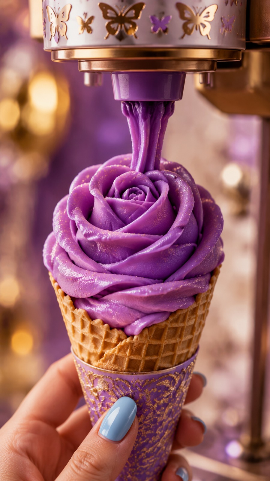 Luxury Purple Rose Soft Serve Ice Cream Cone Creation AI video prompt