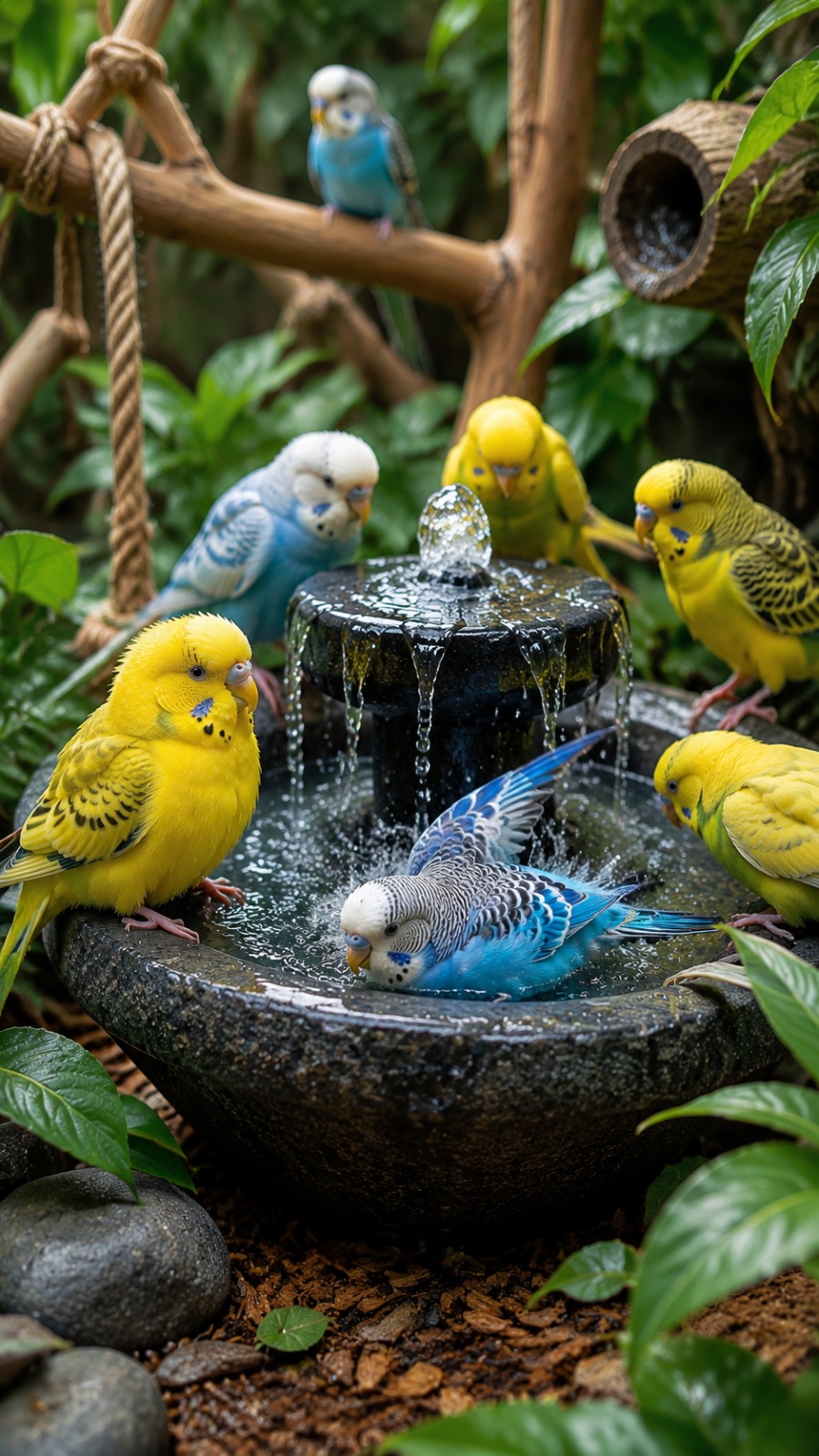 AI Video Prompt: Colorful Budgies Bathing in Mini Water Fountain
