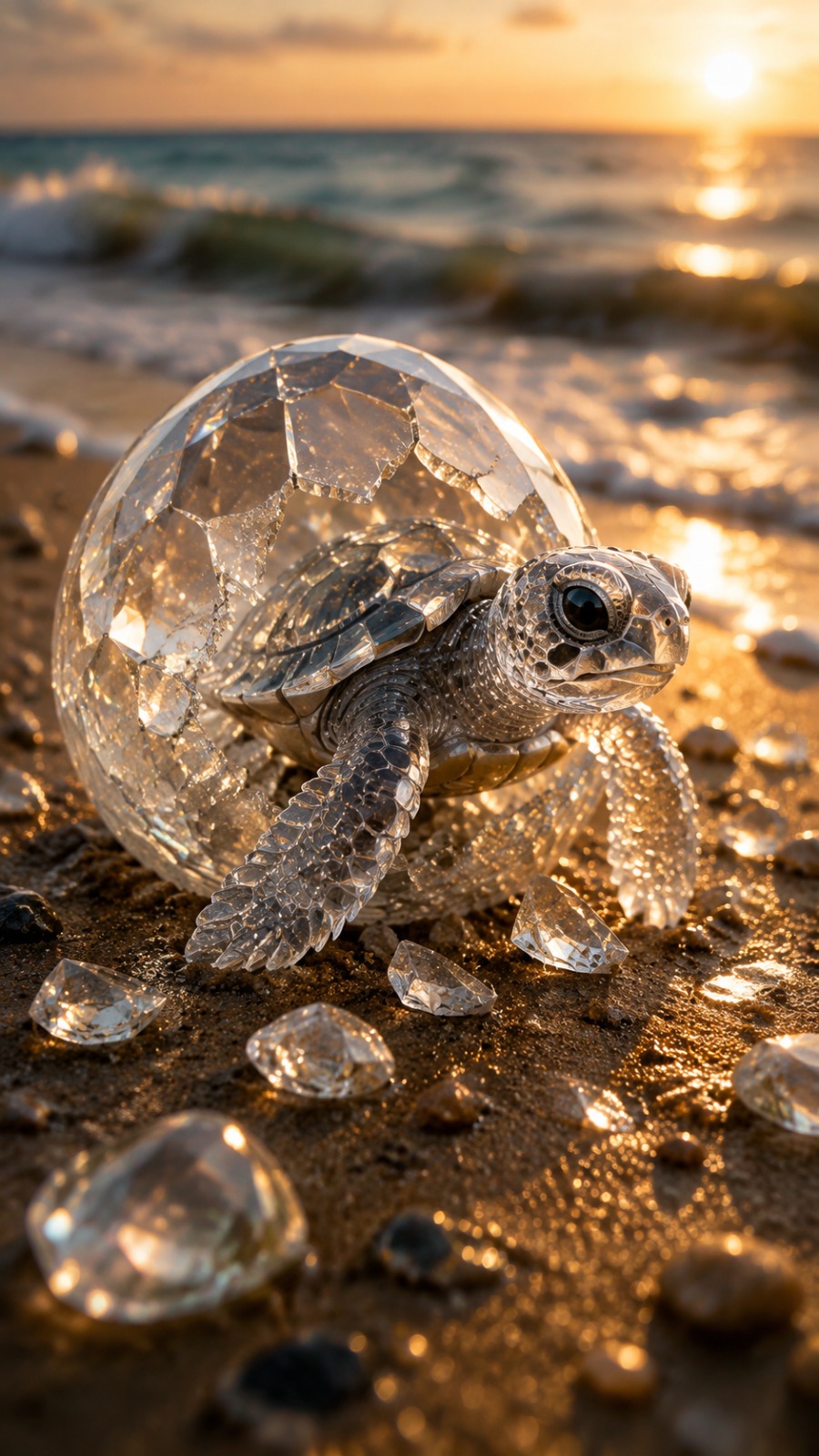 Crystal Turtle Hatching From Diamond Egg On Beach Cinematic Fantasy AI video prompt