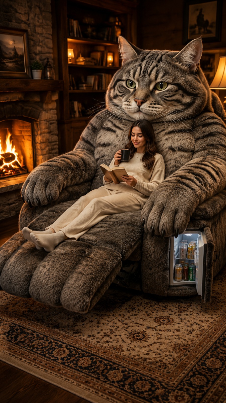 Giant Cat Recliner Chair Luxury Living Room Relaxation Scene AI video prompt