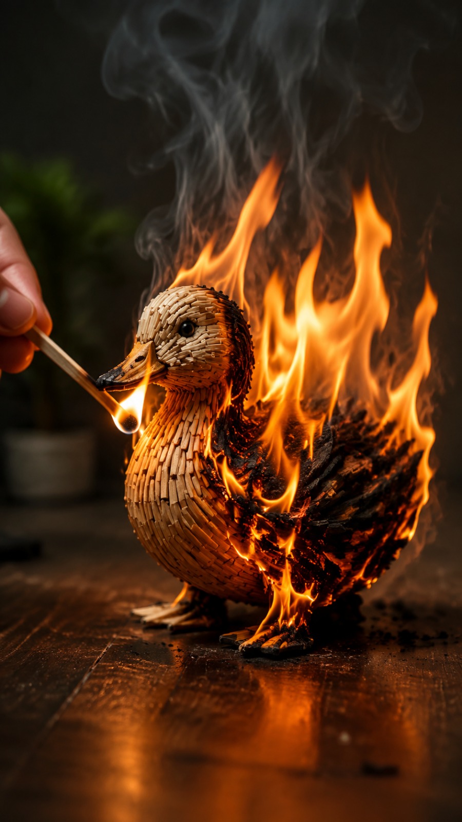 Matchstick Wooden Duck Burning Transformation AI video prompt