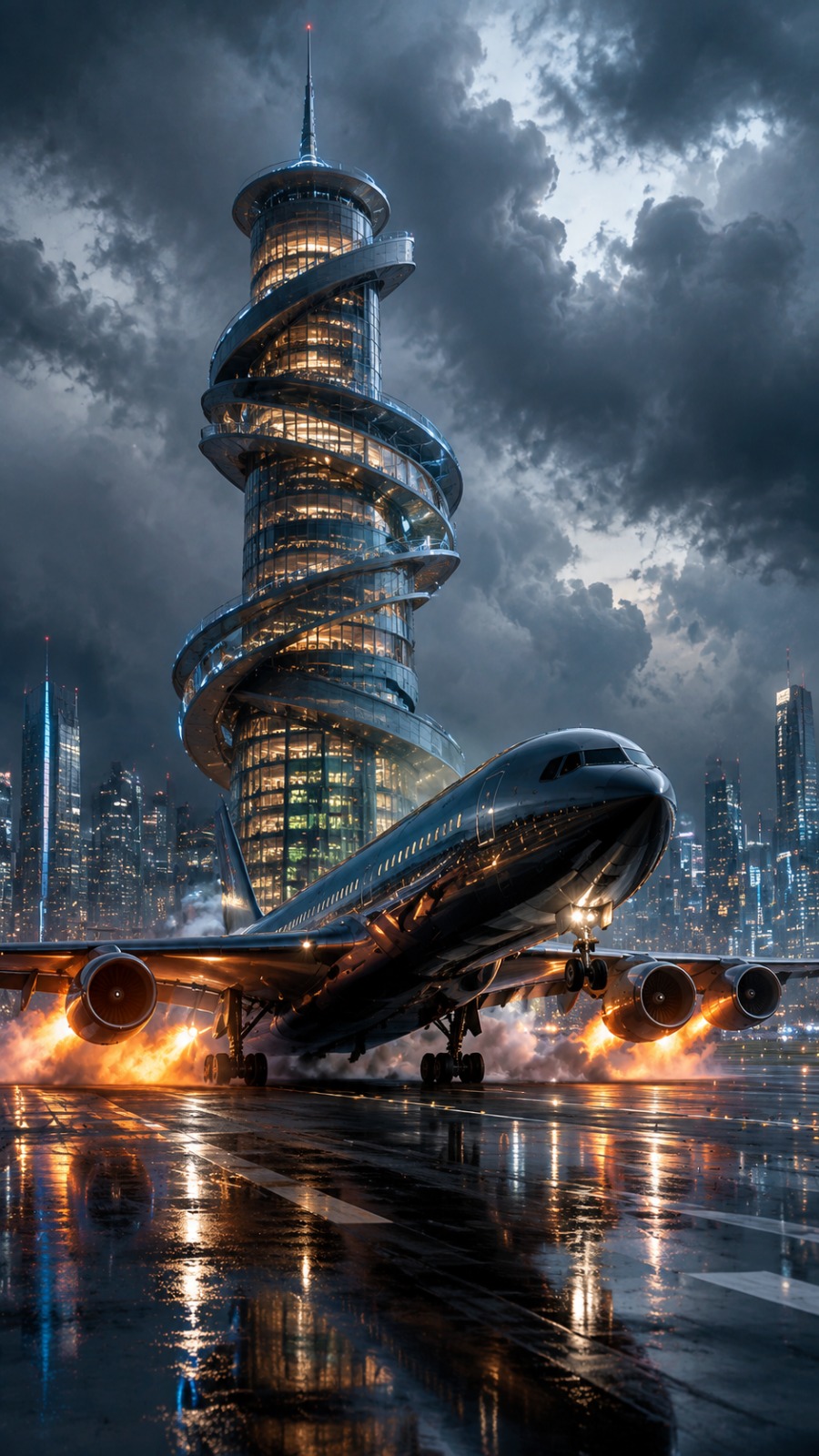 AI Video Prompt: Futuristic Airplane Takeoff From Neon Spiral Airport…