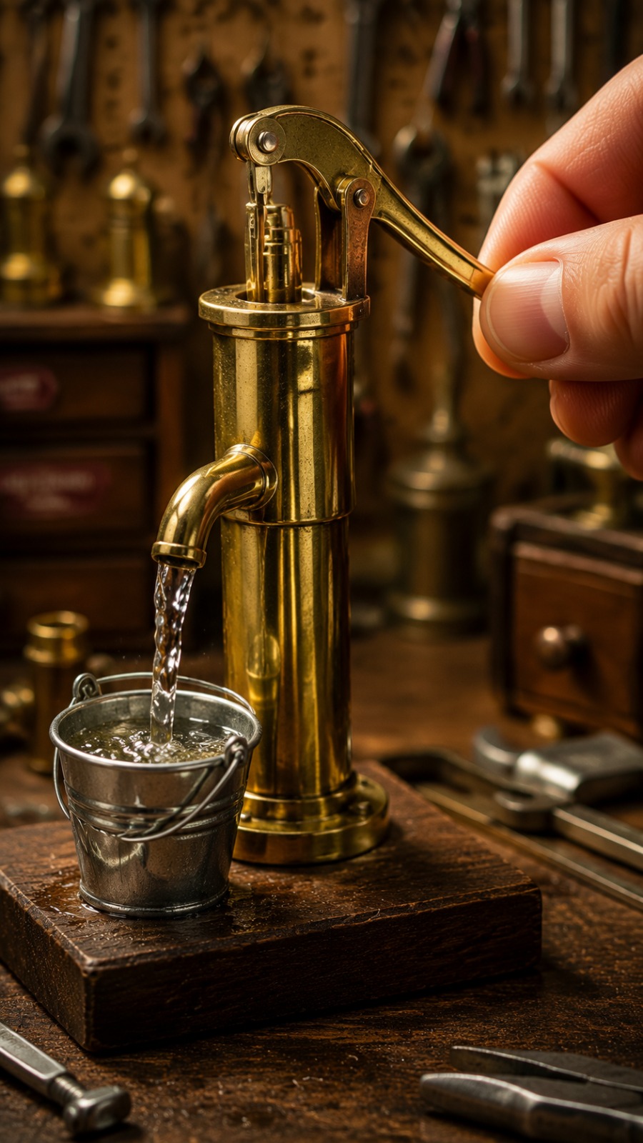 Miniature Brass Water Pump Filling Metal Bucket AI video prompt