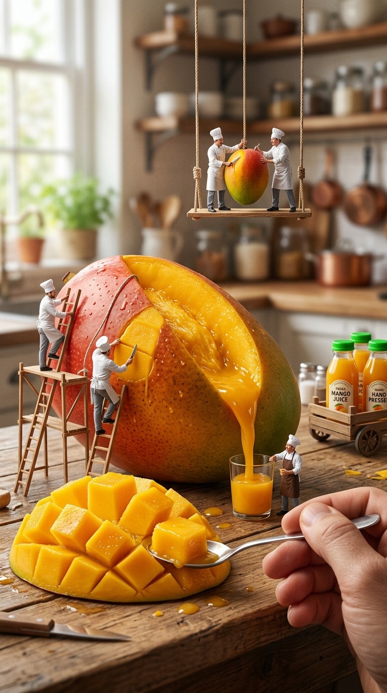 Tiny Chefs Giant Mango Prep AI video prompt