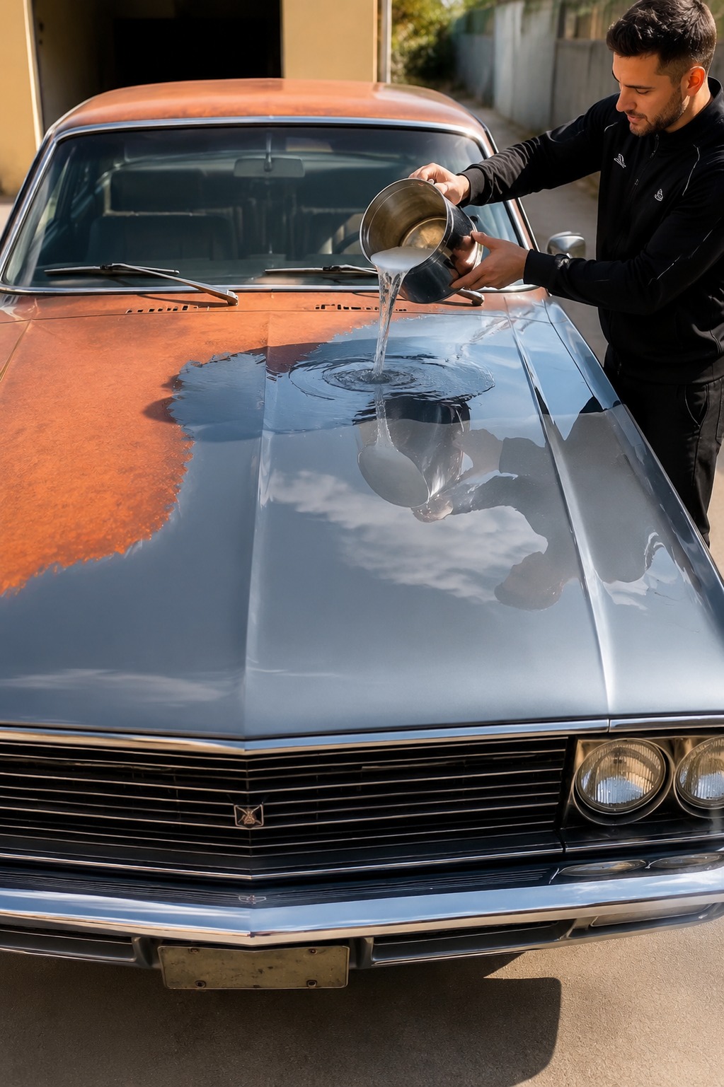 AI Video Prompt: Classic Car Hood Restoration Reveal With Mirror-Like…
