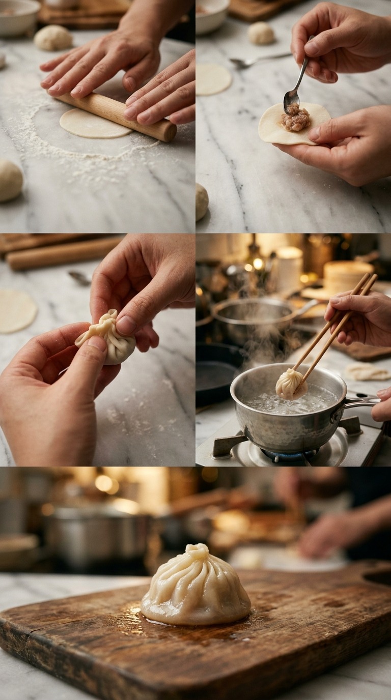AI Video Prompt: Miniature Xiao Long Bao Cooking