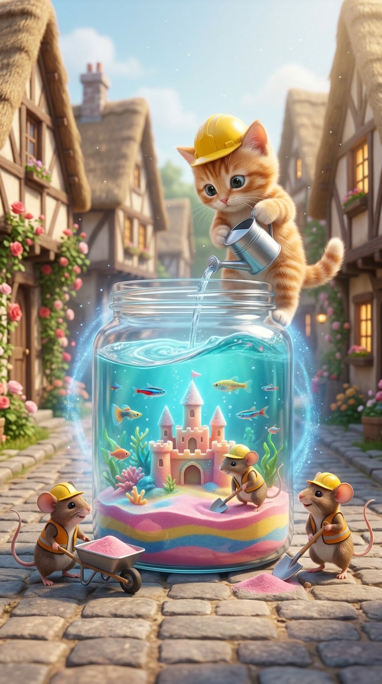AI Video Prompt: Kitten Builder Sandcastle Aquarium in a Jar