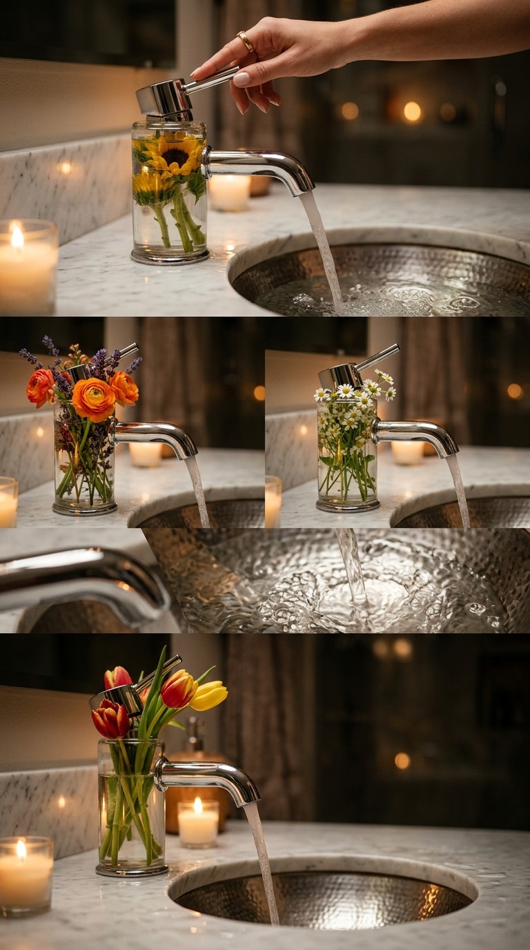 Flower Glass Faucet Reveal AI video prompt