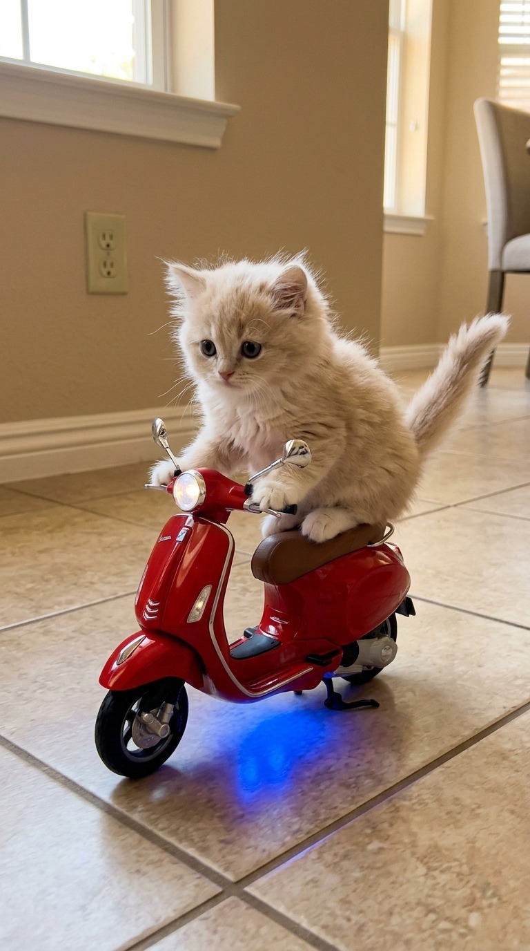 AI Video Prompt: Kitten Riding Red Toy Scooter