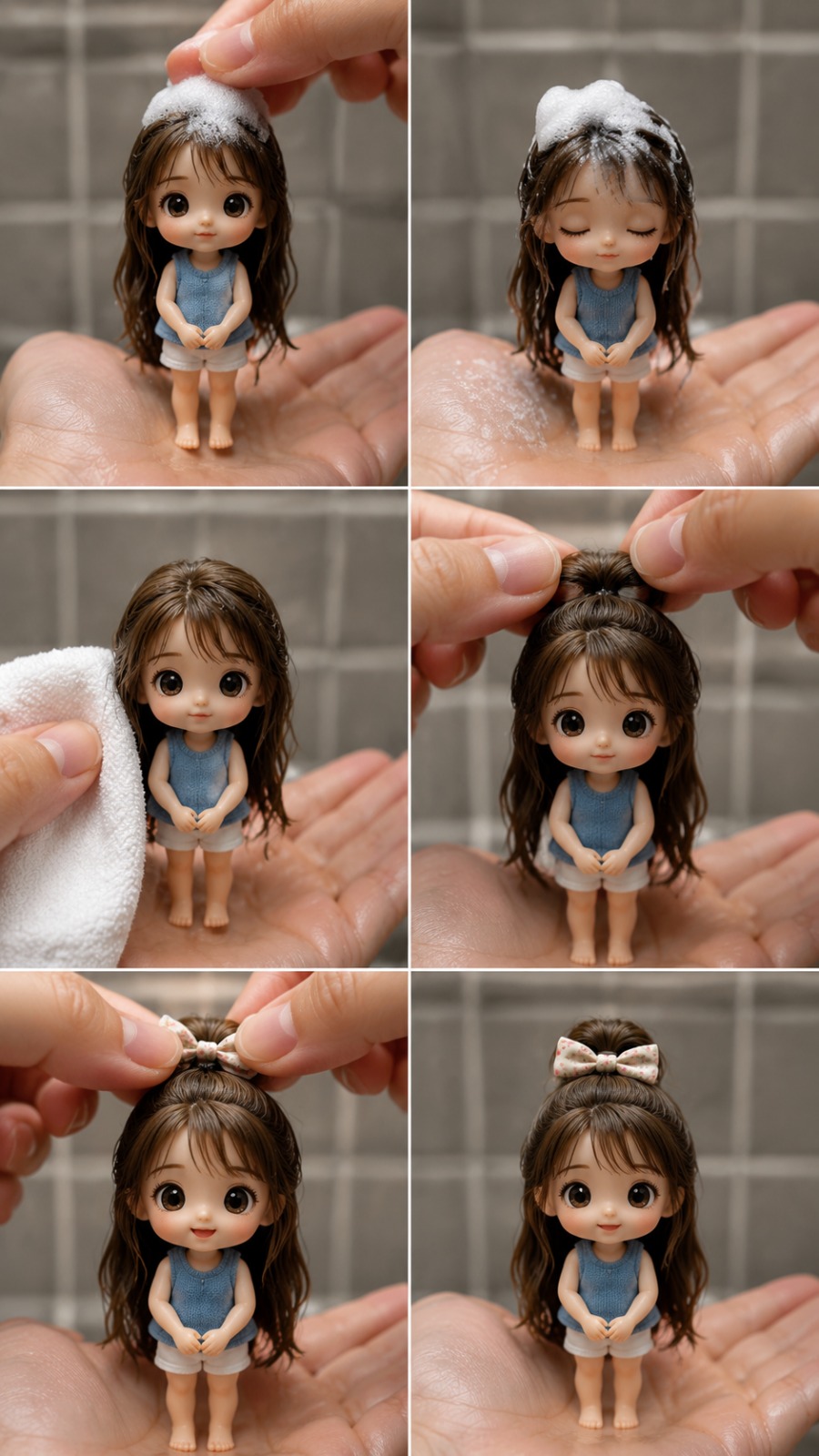Tiny Doll Girl Hair Transformation and Cute Cleaning Makeover AI video prompt