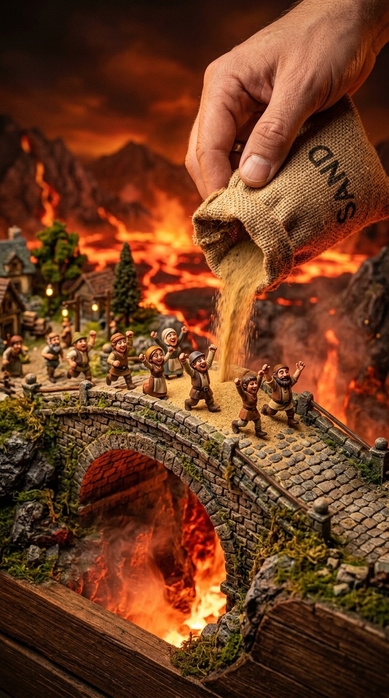 Miniature Lava Village Sand Pour ASMR AI video prompt