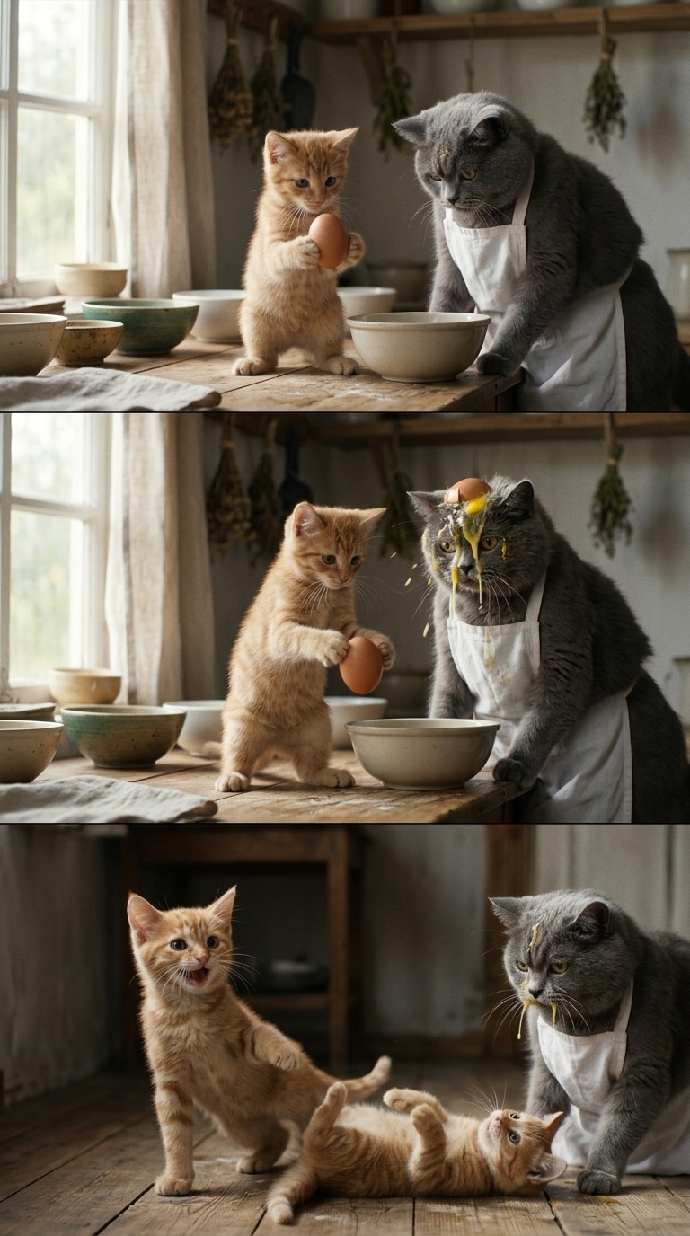 Funny Cat Egg Drop Fail AI video prompt