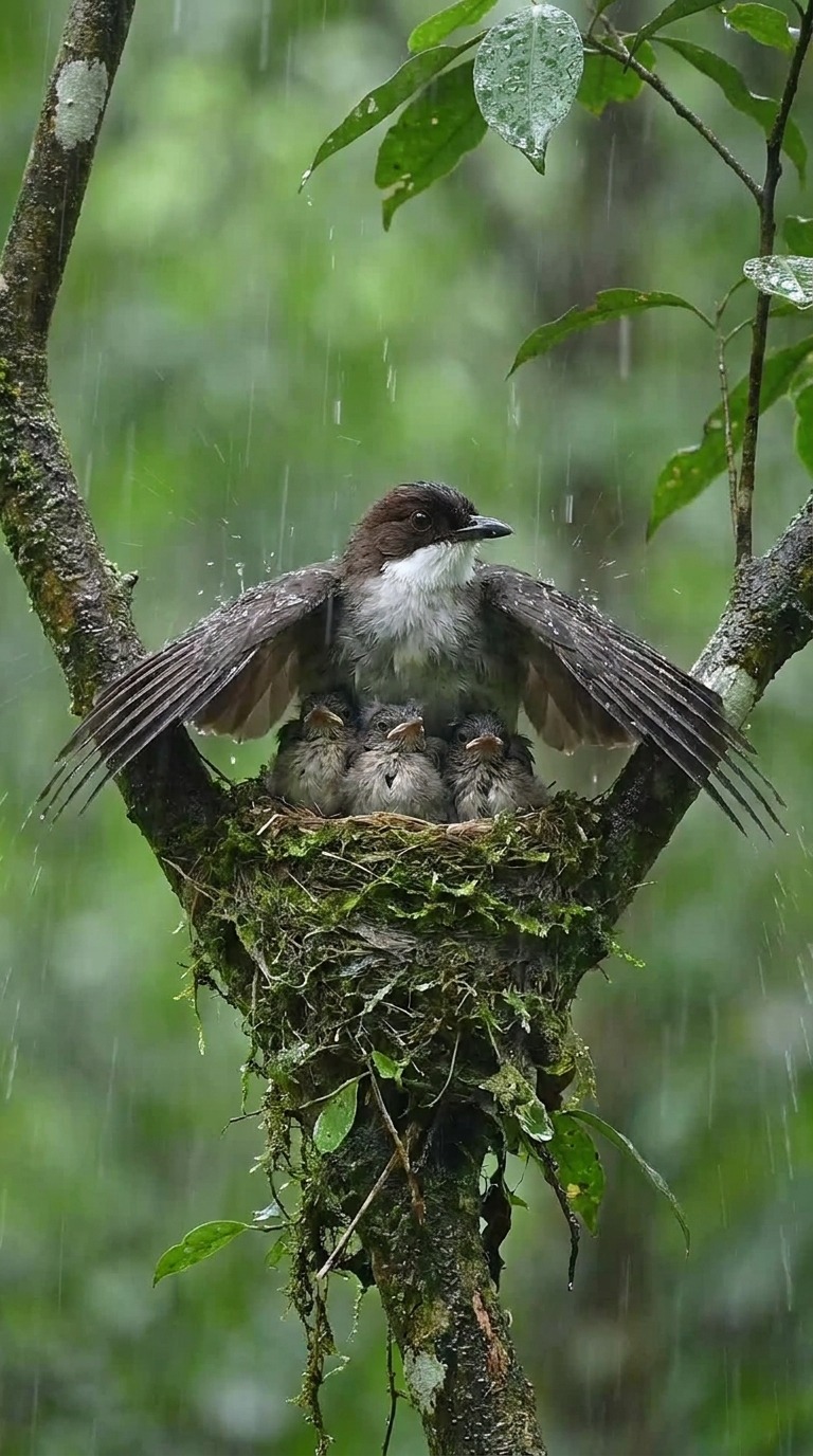 Mother Bird Shielding Chicks AI video prompt